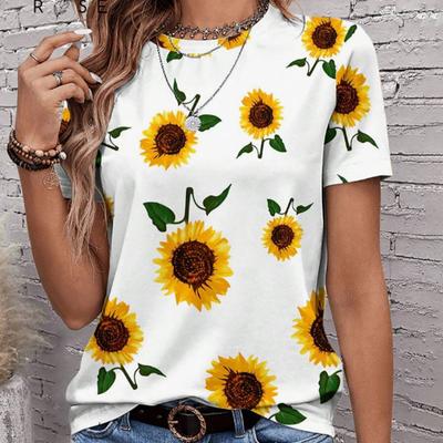 Women Summer T Shirt Sunflower Print Retro Fashion Short Sleeve Tees Casual   Printed  Tops