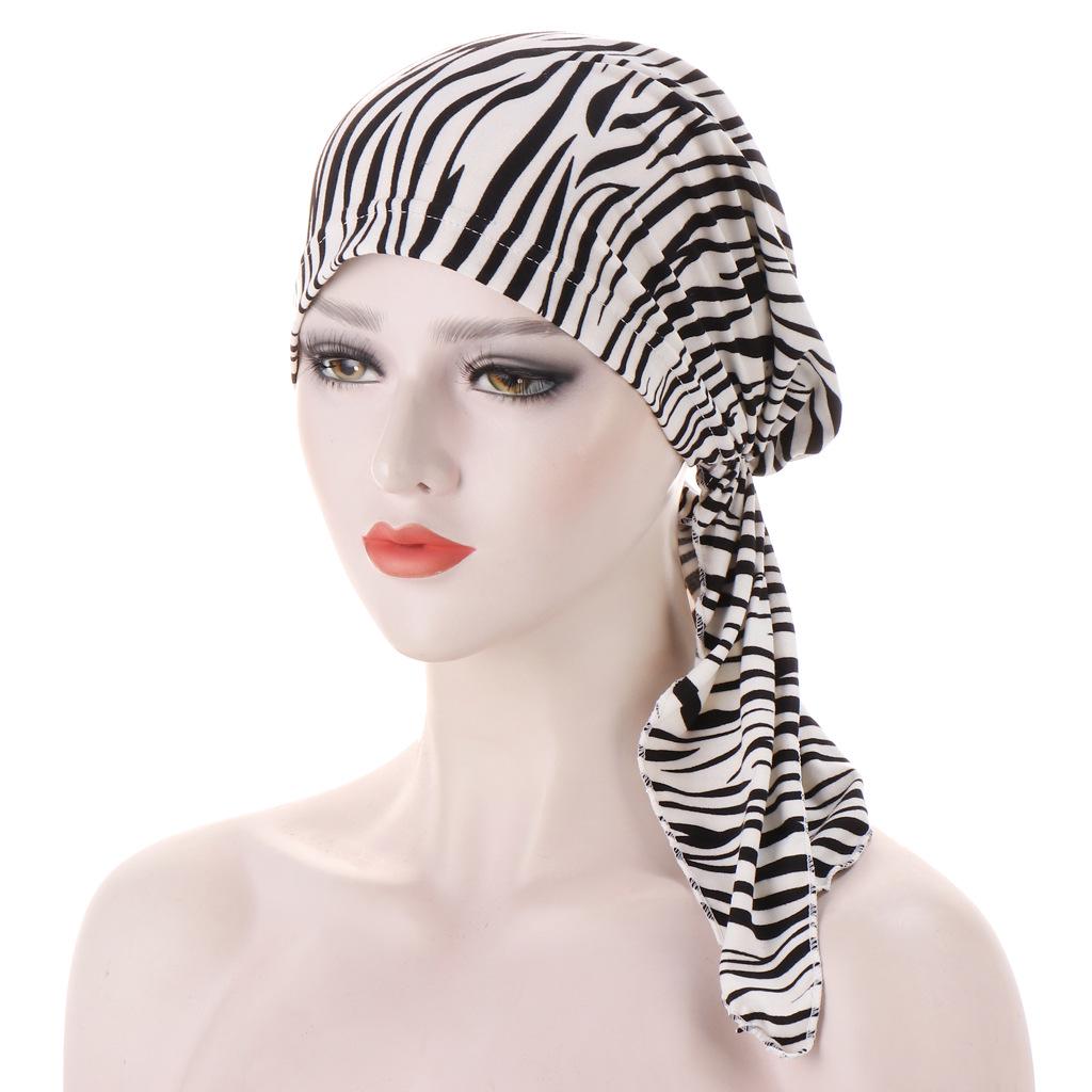 European-American Floral Print Two-Tail Curved Muslim Headscarf Pullover Hat