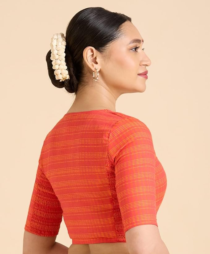 Blouse Saree à Carreaux Madras Manches Courtes en Coton pour Femme avec Côtés Extensibles