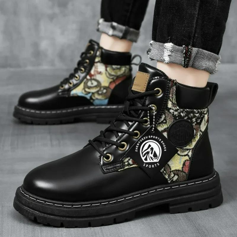 Fashion Plus Size Men's Boots Fashion Platform Ankle Boot Leather Waterproof Work Boots for Men Lace-up Short Boot Zapatillas De Deporte