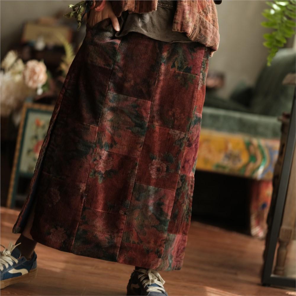 Johnature Women Vintage Patchwork Corduroy Skirts Red Floral Elastic Waist Winter A-Line Chinese Style Skirts