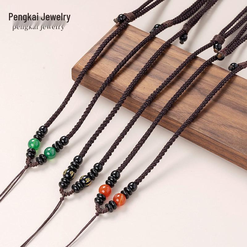Agate Jade Pendant Necklace with Thick Woven Rope