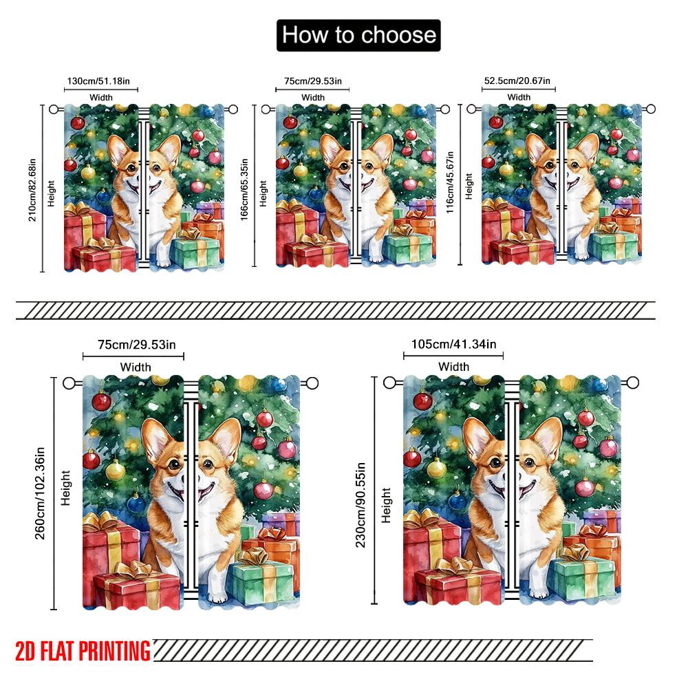 2pcs 2D Flat Printing Christmas Curtains Christmas Cute Dog Durable 100% Polyester Fabric Without Electricity Versatile Use for