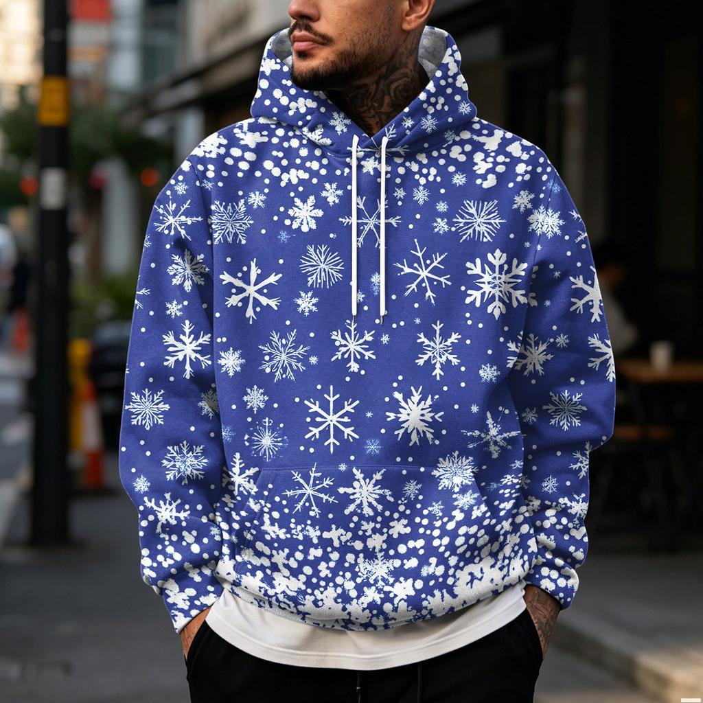 Men's Christmas Print Hoodie with Large Pockets, Casual Loose Fit Pullover for Holiday