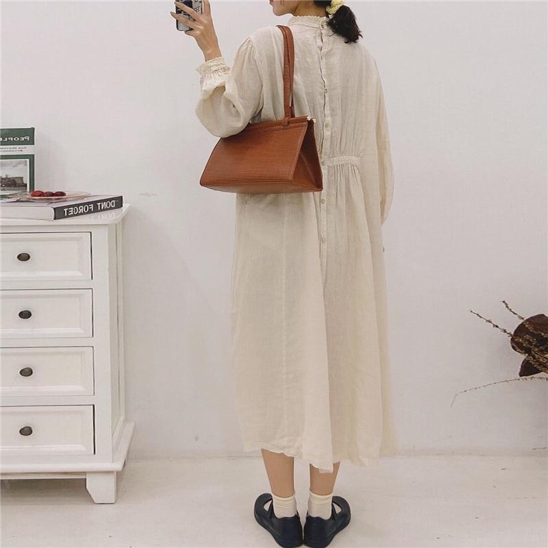 Johnature Women Emboridery Floral Vintage Linen Loose Dress Autumn Solid Color Ruffles Full Sleeve Female Dresses