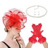 4IN1 Costume Tulle Hair Accessories Fascinator Hat Gloves Necklace Set For Equestrian Event Formal Occasion Dressingup