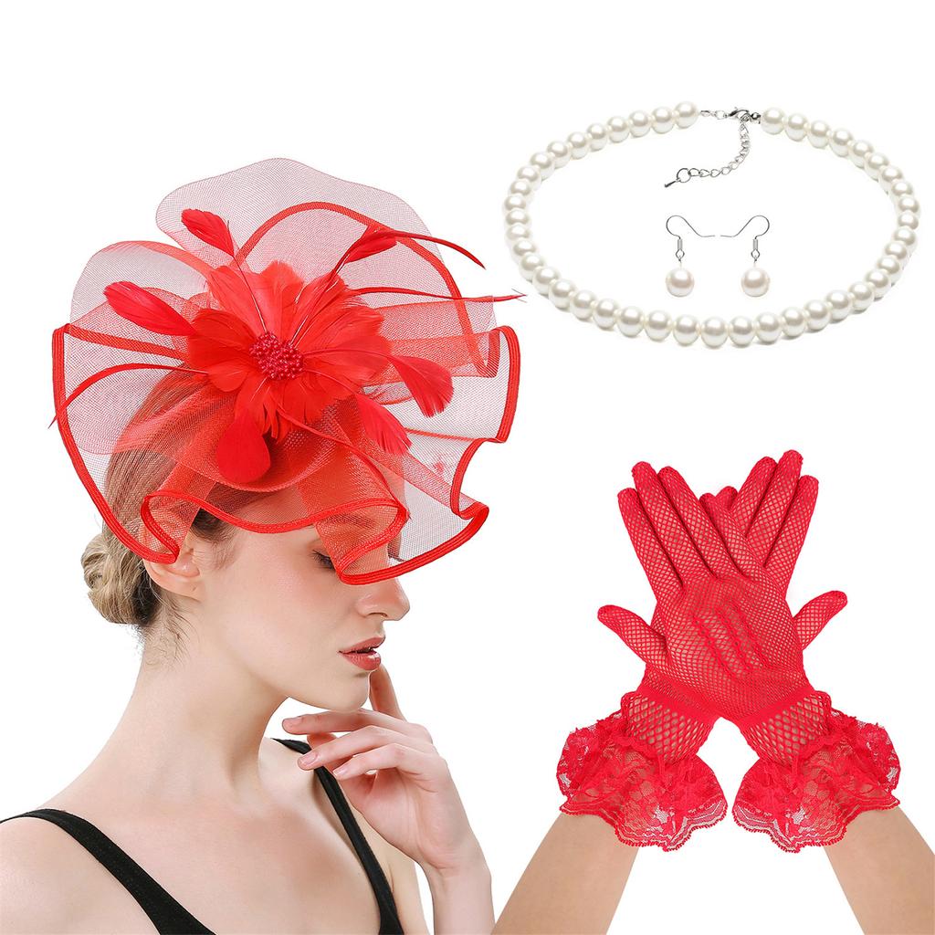 4IN1 Costume Tulle Hair Accessories Fascinator Hat Gloves Necklace Set For Equestrian Event Formal Occasion Dressingup
