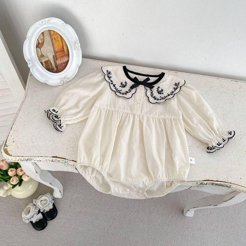 Ins New Stylish Embroidered Lapel Romper for Baby Girls, Autumn Clothing, Thin Long-Sleeve One-Piece Crawling Suit for Infants