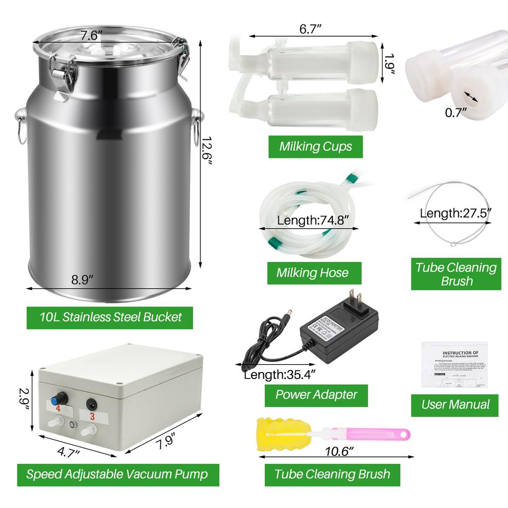 10L Cow Milk Milking Machine Goat/Sheep Pulsating Milking Machine Stainless Steel Milker Bucket With Vacuum Pump Set 220V-240V