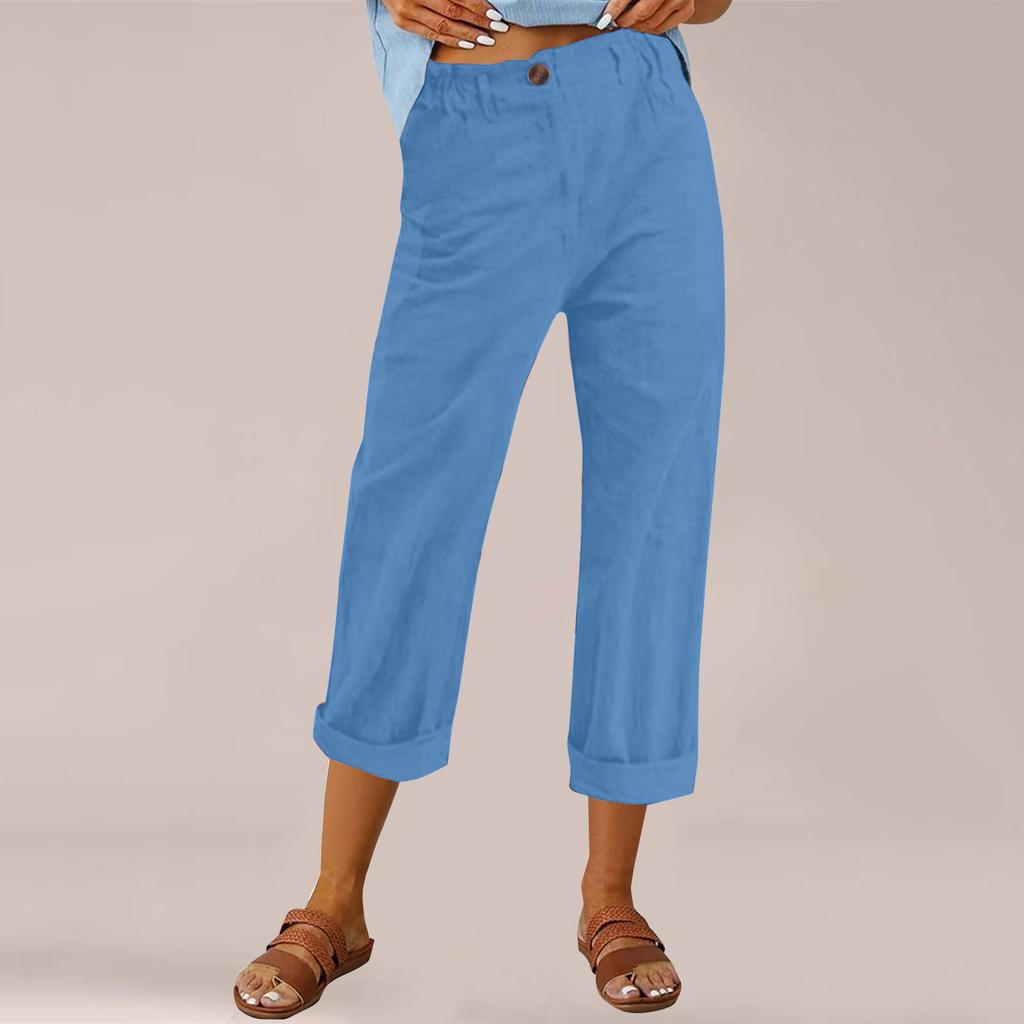 Women's Fashion Cotton-Linen Blend Loose-Fit High-Waisted Casual -Color Straight-Leg Pants