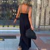 Women Evening Dress Cross Neck Off Shoulder Backless Robe Dress Solid Color Loose
