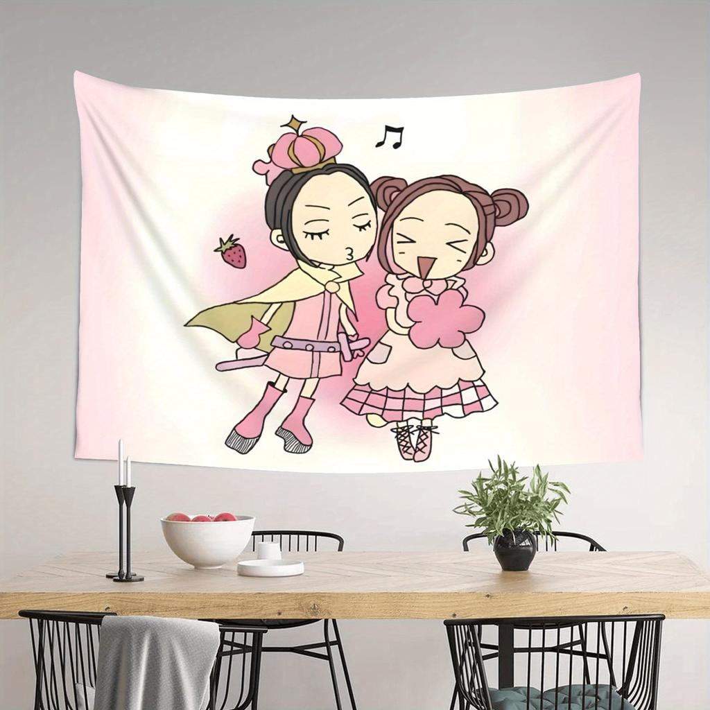 Cute Anime Girls Tapestry Kawaii Cartoon Wall Art Pastel Pink Decor Bedroom Nursery Room Decoration for Kids and Teens