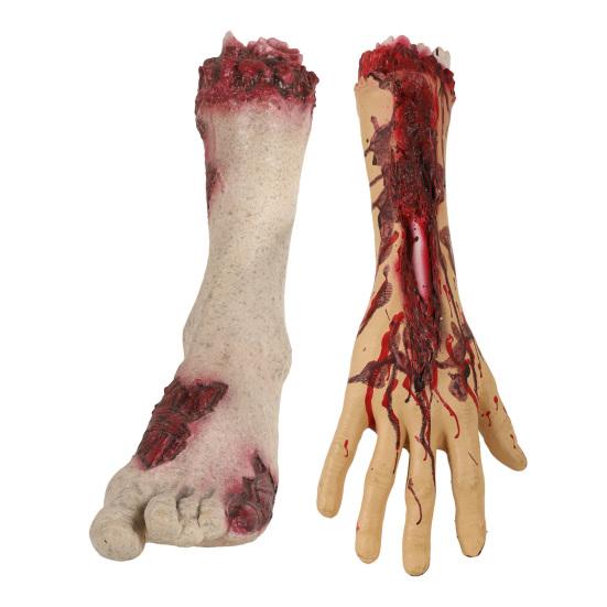 Halloween Fake Severed Hands Foot Prop Scary Blood Broken Dead Body Parts Realistic Latex Human Residual for Haunted House Prank Party Supplies