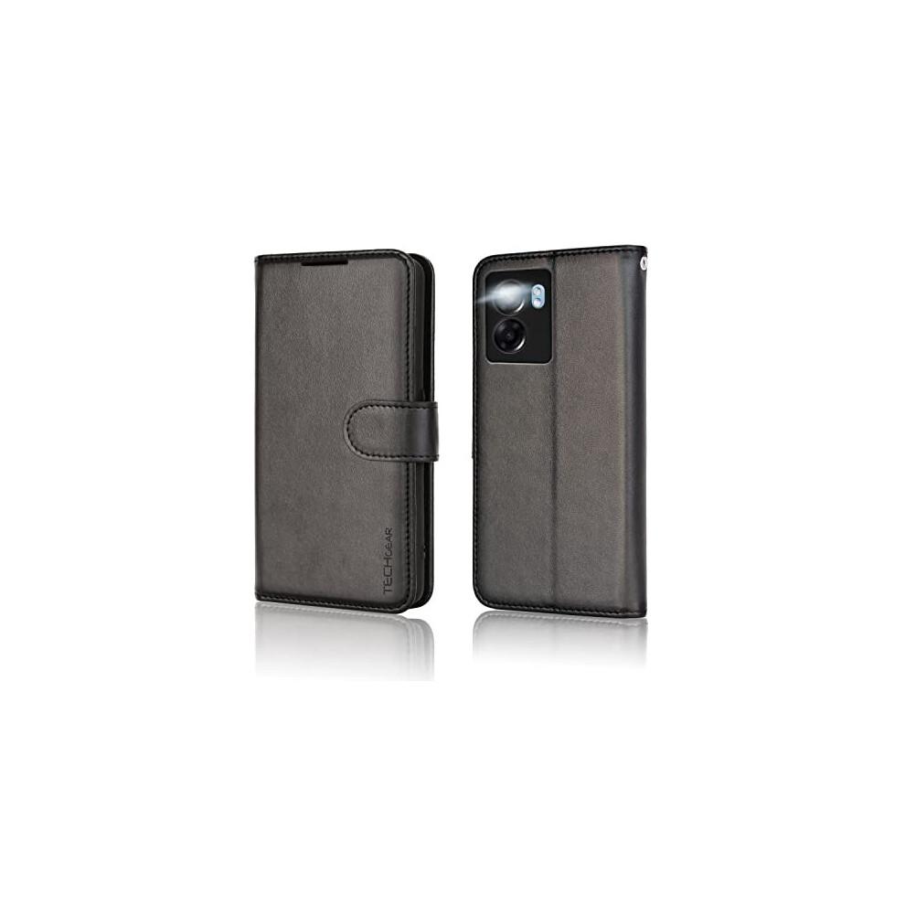 (Schwarz) TECHGEAR Leder Wallet Case für Oppo A57e / A57s / A57 4G, Flip Schutzhülle Cover mit Kartenhalter, Ständer & Handgelenksschlaufe