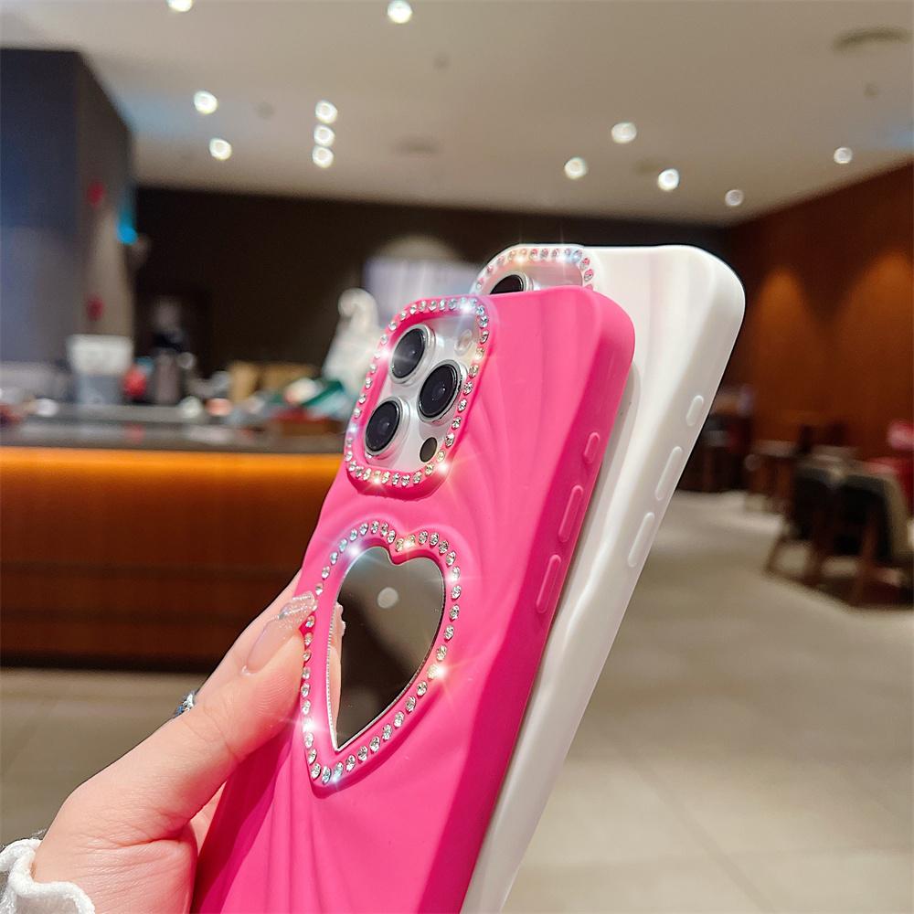 Fashion Women Girls Phone Case For iPhone 16E 16 Pro Max 7 8 X XR XS 11 12 13 14 15 Plus Heart Makeup Mirror Glitter Frame Cover