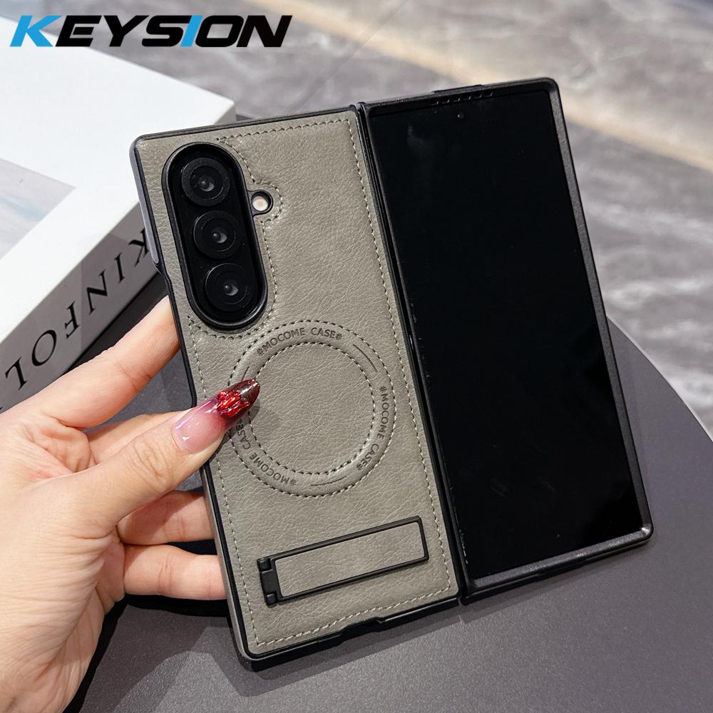 KEYSION Luxus PU Leder Magnetische Hülle für MagSafe für Samsung Galaxy Z Fold 7 5G Ständer Kabelloses Laden Handy Rückseite
