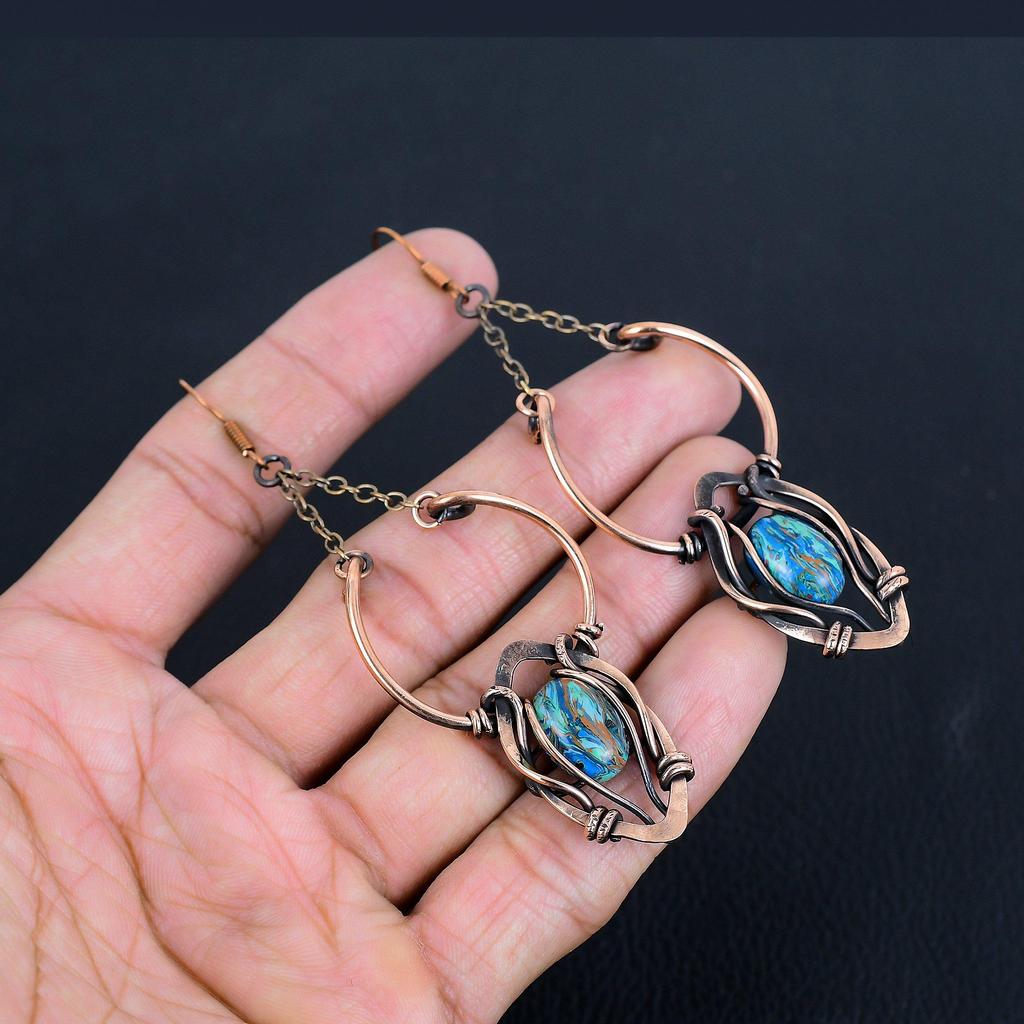 Rainbow Calsilica Earrings, 999 Copper Wire Wrapped Earrings, Handmade Gemstone Jewelry Earrings For Memorial Day
