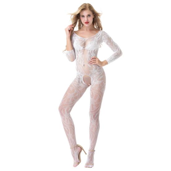 Mulher quente sexy transparente crotchless fora do ombro malha bodystocking sleepwear