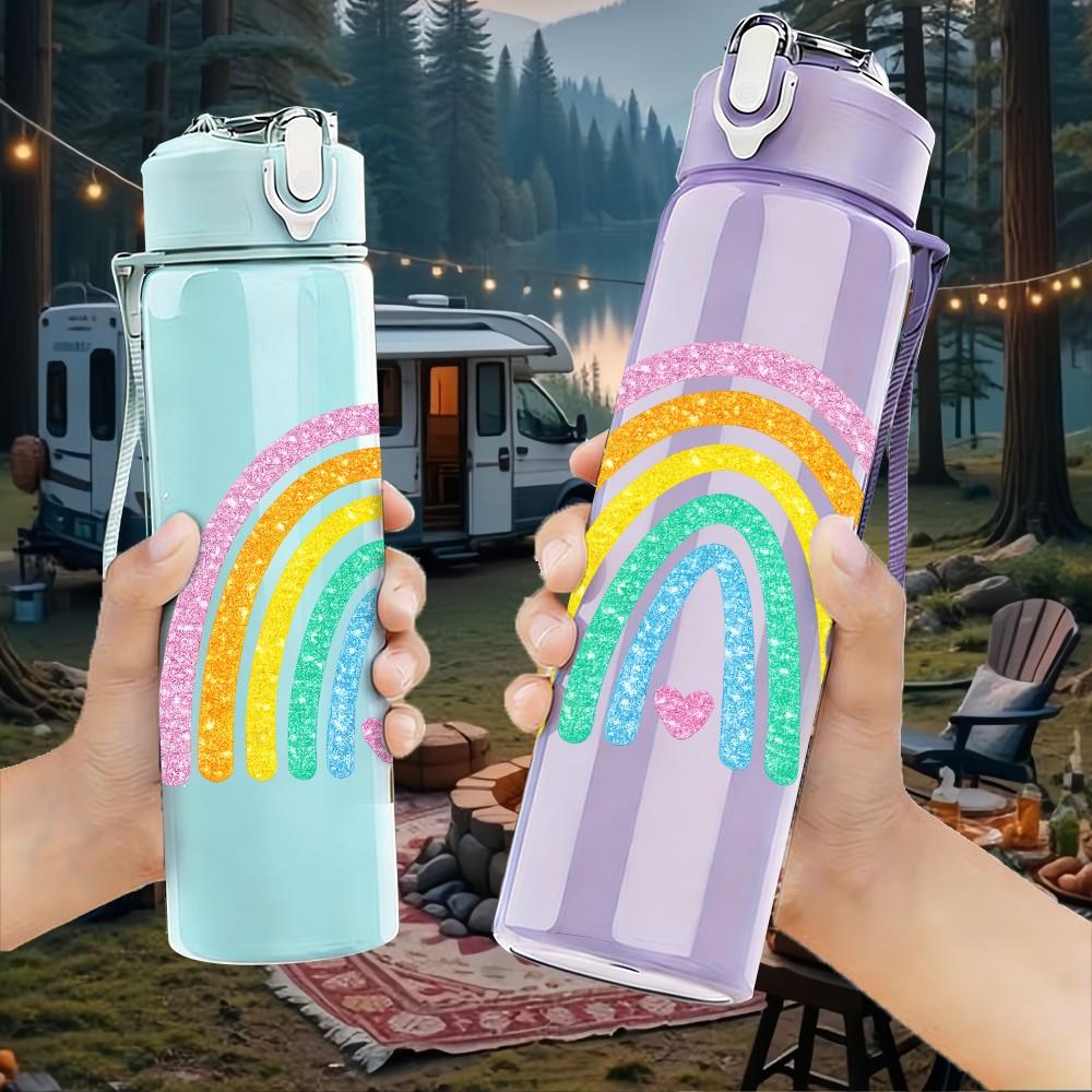 1PC Soft Pastel Rainbow Curve Art Print 750ml Color Plastic Sports Water Bottle Leakproof Flip Straw Lid Suitable for Sports Office Home Use