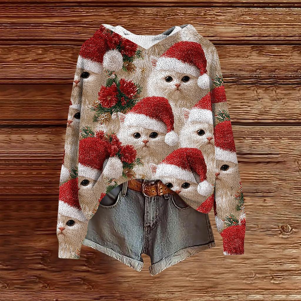 Women's Fashion Casual Long Sleeve Christmas Print Hooded Knitted Sweatshirt