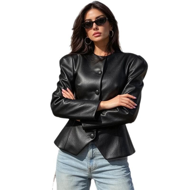 Winter Slim Fit Leather Jacket Women Round Neck Single Breasted Ruffle Hem Short Coat Sexy Style