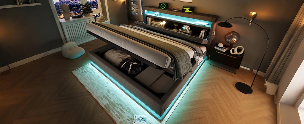 140x190cm Double Bed, Storage Headboard with USB and Type-C Ports, LED Lighting At Head and Foot, Hydraulic Storage, Grey, Linen. (without Mattress)
