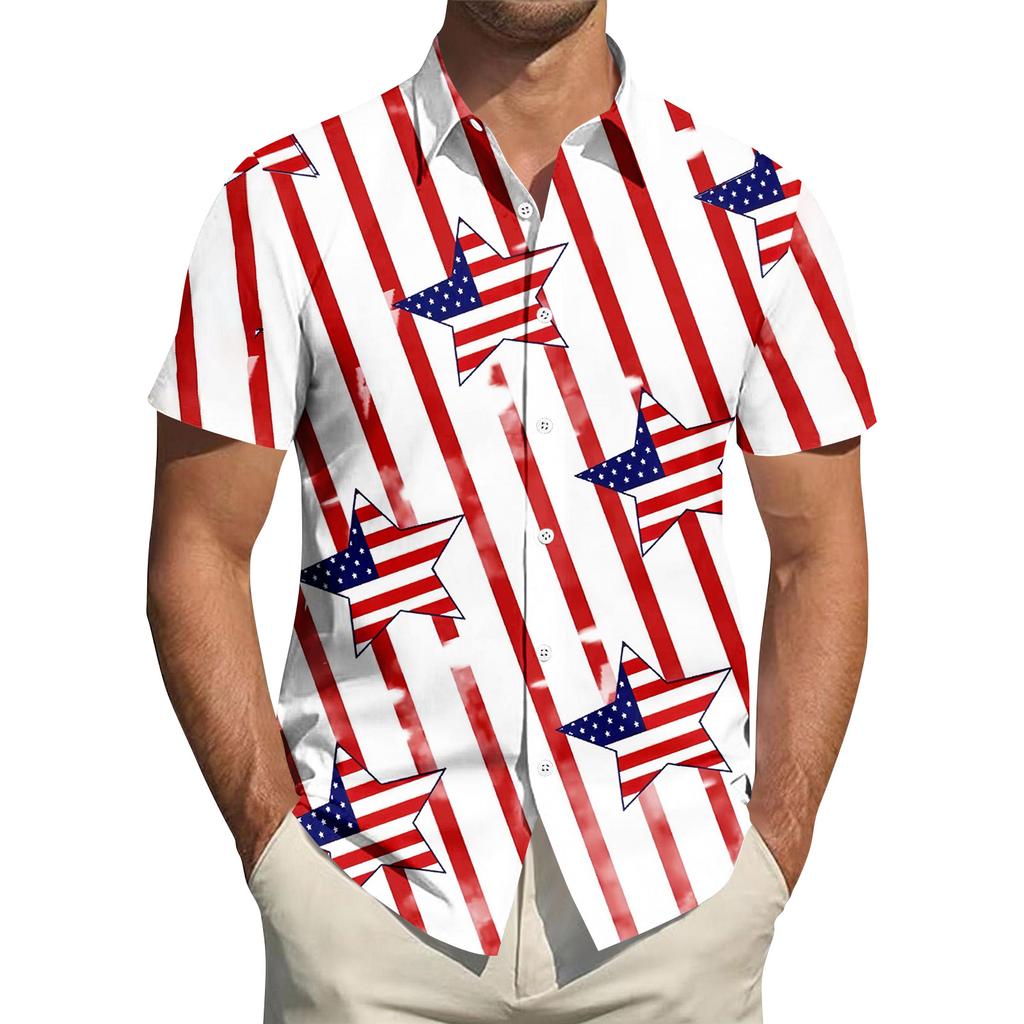 Men's Independence Day Printed Collared Top Men's Casual Sports Short-Sleeve Shirt