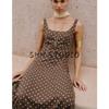Summer New Product Women's Clothes American Square Collar Shoulder Strap with Linen Blend Polka Dot Midi Skirt Dress 8099510