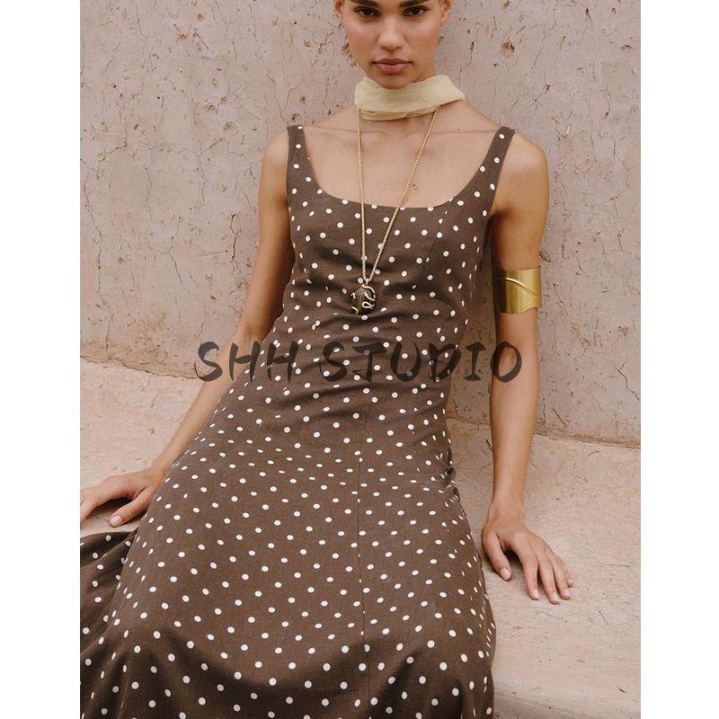 Summer New Product Women's Clothes American Square Collar Shoulder Strap with Linen Blend Polka Dot Midi Skirt Dress 8099510