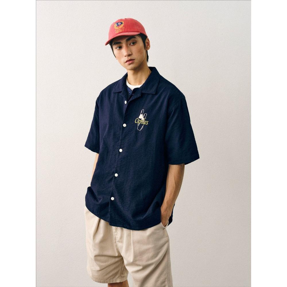 Bowlingová košile s krátkým rukávem Pánská volná letní košile s kubánským límcem Retro vyšívaná