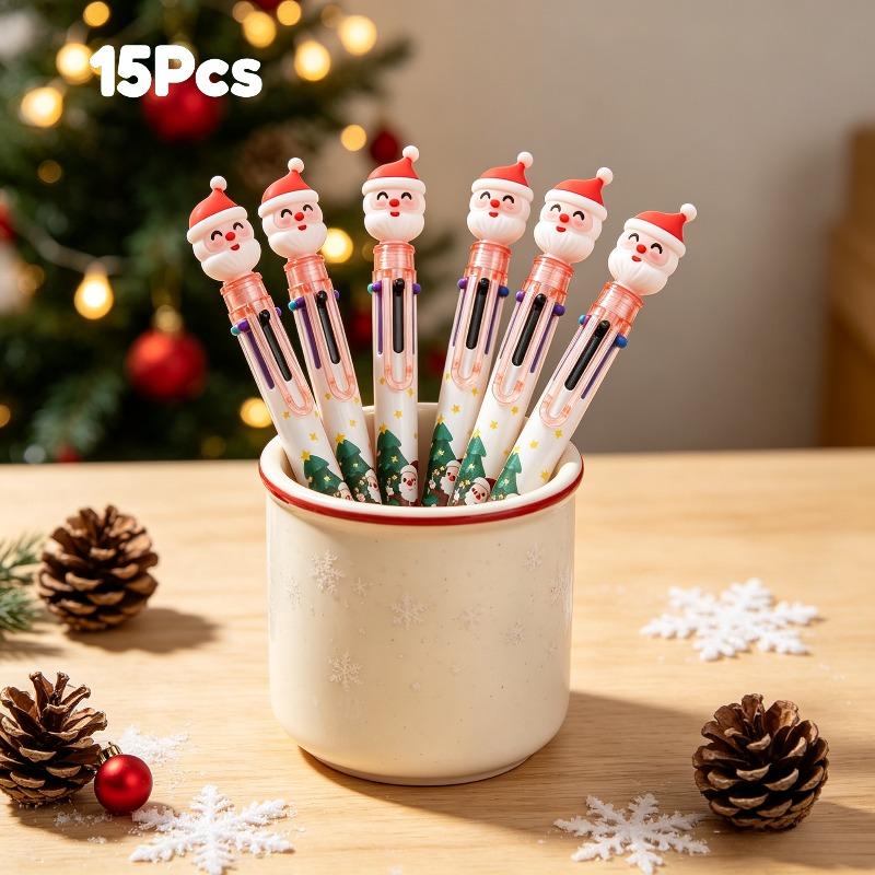 15Pcs Santa Claus Topper Multi Color Retractable Ballpoint Pen, Back to School Season Student Stationery with Christmas themed, Multi refill Design Wr
