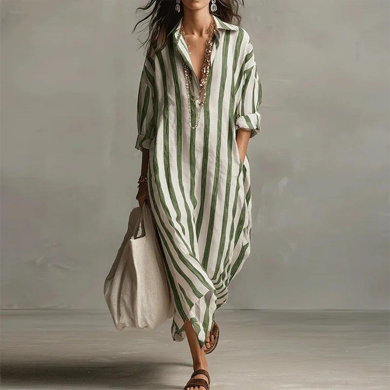 New Spring Women's Clothing, European and American Dresses, Commuting Loose V-neck Striped Printed Dress