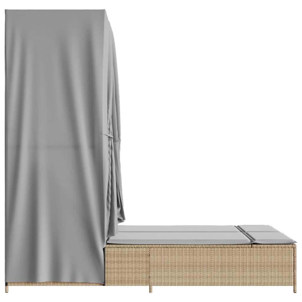 Double Sun Lounger with Canopy and Curtains Beige Poly Rattan