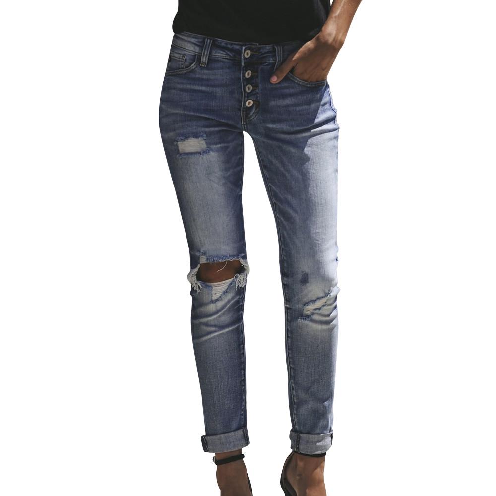Women High Waisted Hole Skinny Denim Jeans Stretch Trousers Pants Calf  Jeans