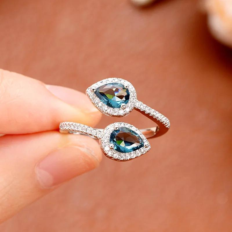 Classic Female Rings   Sterling Silver Water Droplet Blue Zircon Adjustable Rings for Women Promise Love Wedding