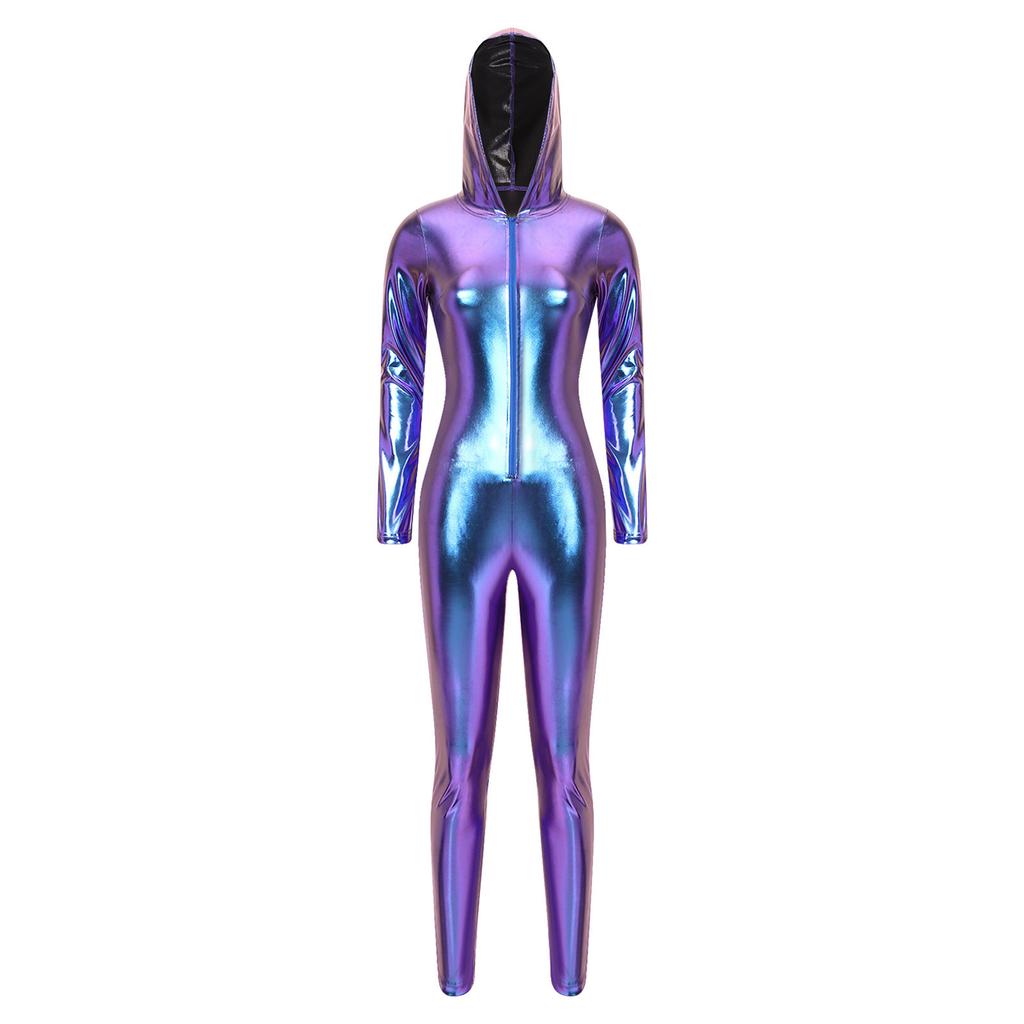 Tuta intera con cappuccio a maniche lunghe e zip frontale, jumpsuit metallica lucida con leggings/collant per donna, festa rave, club