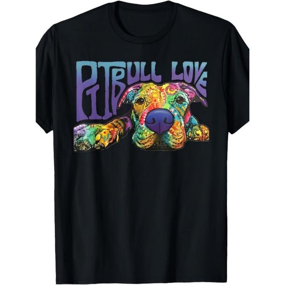

European Sizes Pitbull Love T-Shirt - Black Casual Tee with Pitbull Face & Pitbull Love Lettering, Short Sleeve Round Neck Shirt for Dog Lovers S чёрный