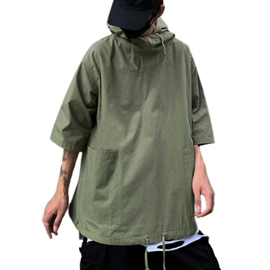 Hooded Half Sleeve Pullover Top Soft Large Pockets Loose Men T-shirt Streetwear