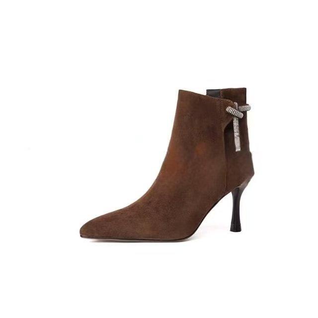 Comfortable high-heeled short boots autumn and winter new thin-heeled pointed thin boots temperament soft leather matte leather boots