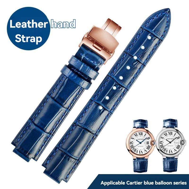 Für Cartier Echtleder-Uhr mit Damen-Uhrenkette, blaue Ballon-Dornschließe, konvexer Mund-Rindsleder-Herren-Uhrenkette