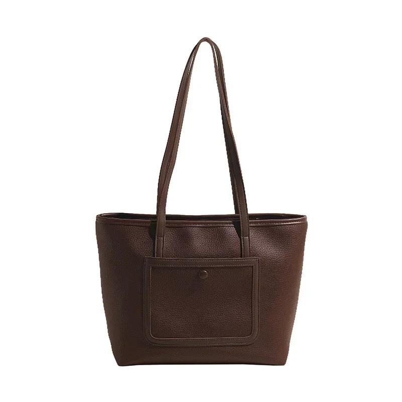 Simple solid PU shoulder bags with zipper large capacity high quality grace commute casual tote
