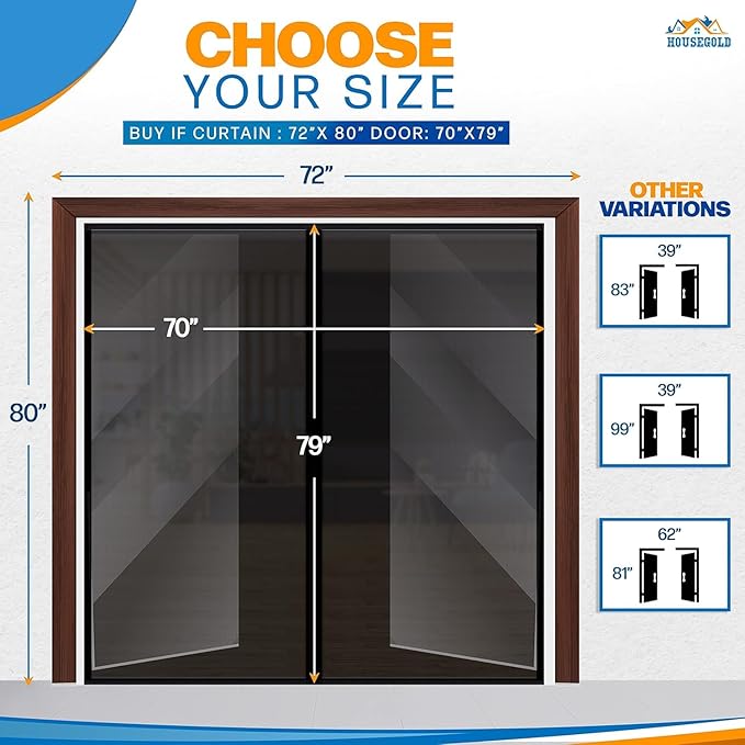 Magnetic Screen Door French Door, Durable Fiberglass Double Door Screen Mesh Curtain Fits Door Opening Up Keep Bugs Out