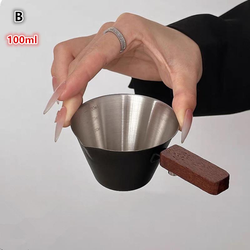 Stainless Steel Espresso Shot Glass with Walnut Handle Graduated Coffee Measuring Cup 2 Oz Liquid Volume Markings Barista Tool