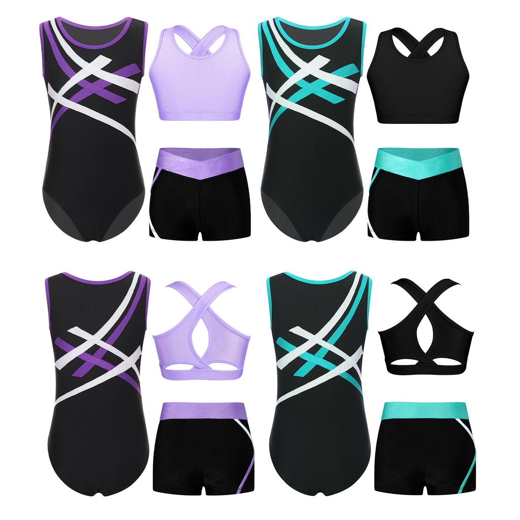 Kinder Mädchen Ärmellose Gymnastik-Turnanzüge Jumpsuit + Shorts Strass Glänzend Metallic Ballett Tanzoutfits Kinder Tanzbekleidung