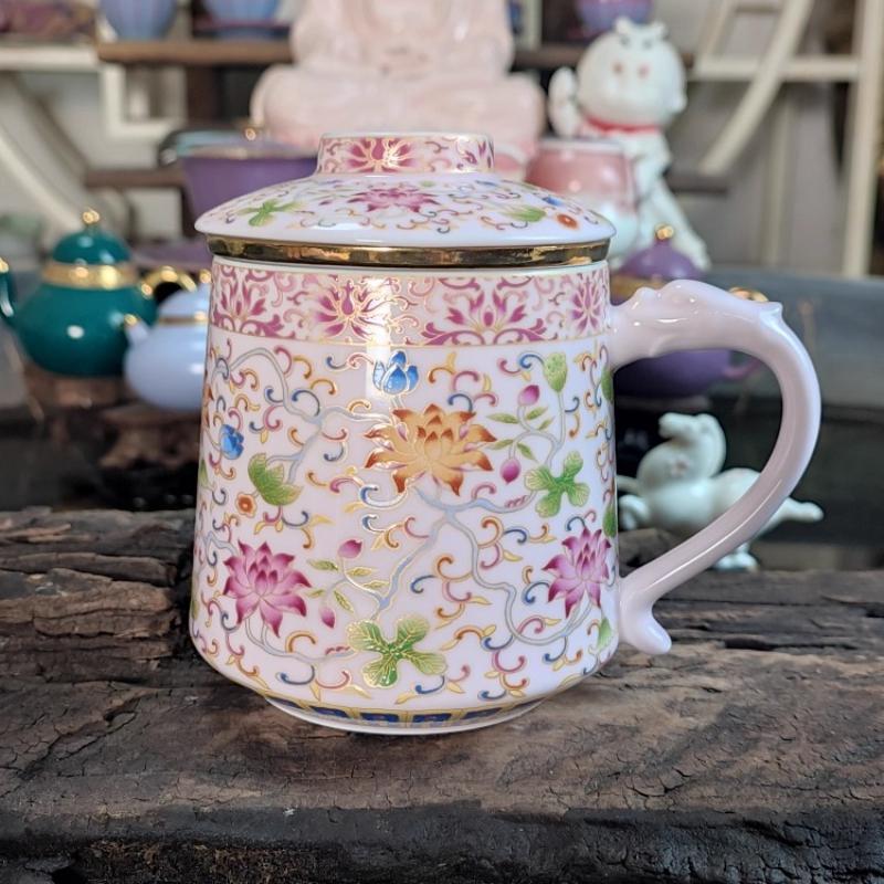 400ml Pink Ceramic Tea Cup Enamel Ribbon Filter Cup High End Household Mug with Lid Jasmine Tea and Green Tea Set Accessories