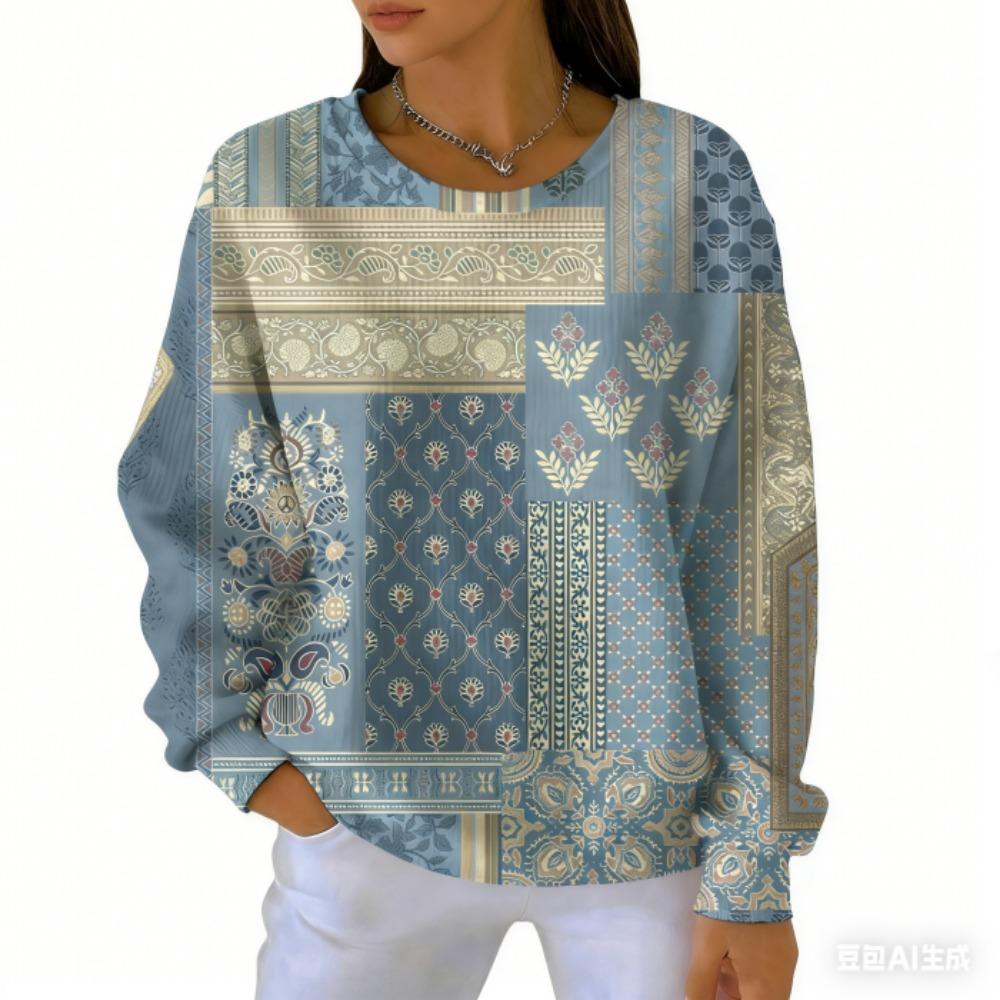 Spring Fashion Women's T-shirt Casual Vintage Print Pullover Women Long Sleeve Clothing Outdoor Casual Tees Top