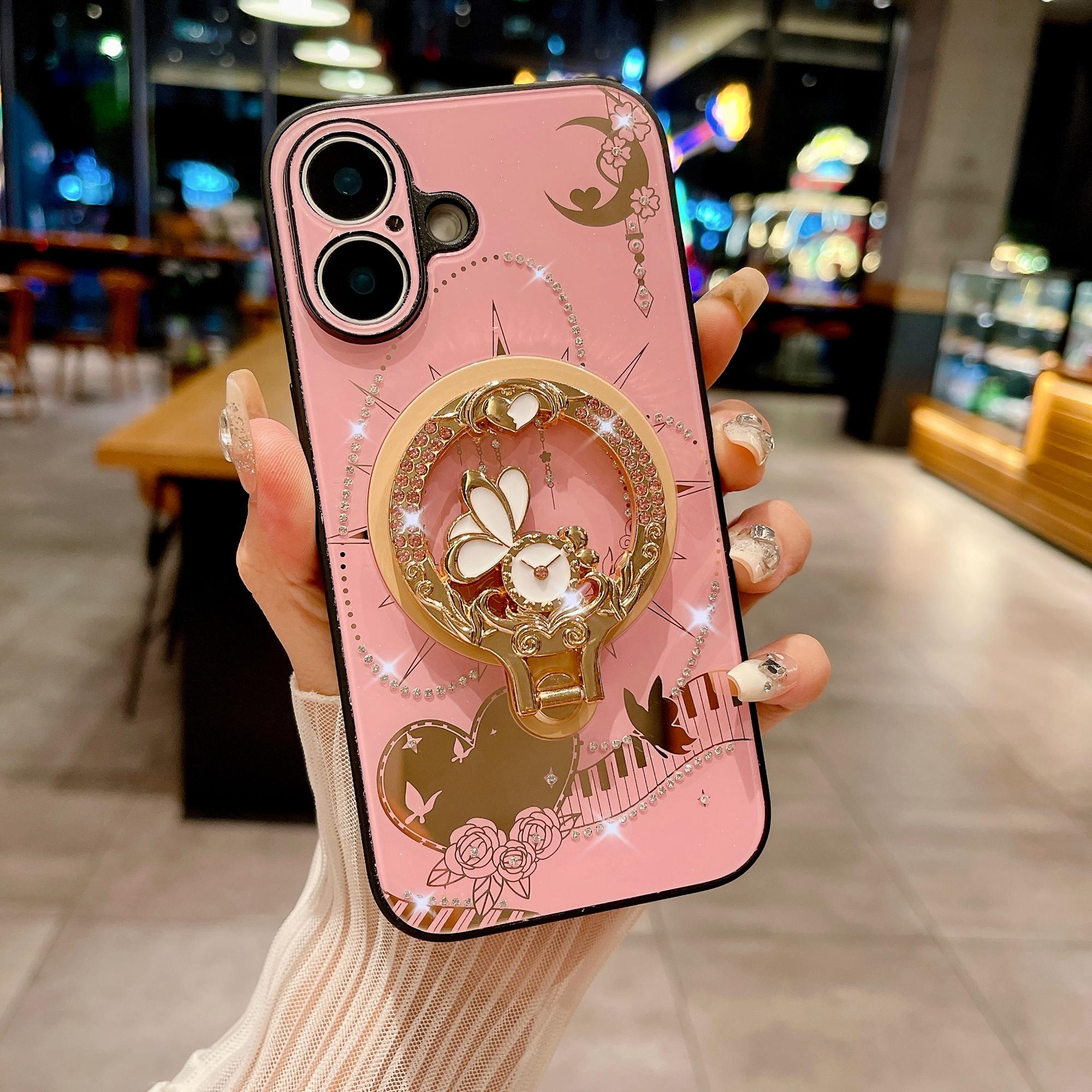 

For iPhone 16 Plus Magnetic Case Kickstand TPU+PC Rhinestones Decor Phone Cover Pink