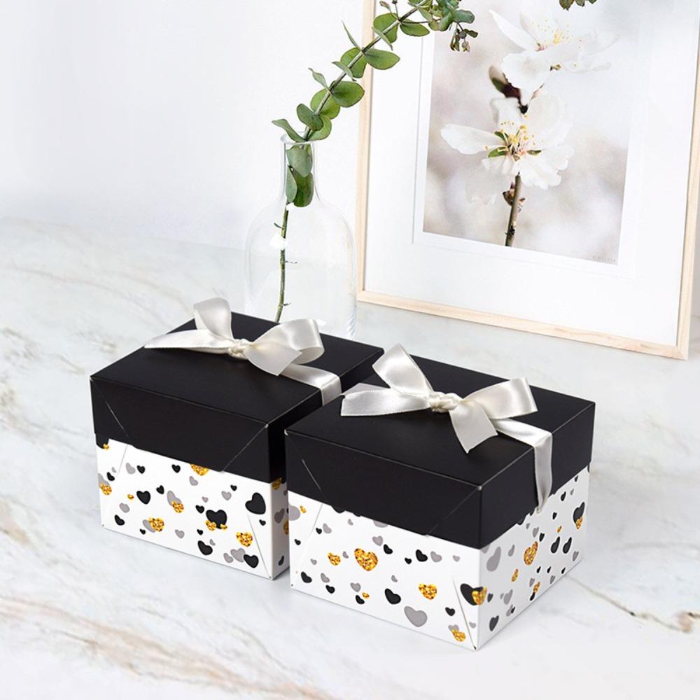 10pcs Gift Boxes with Lids Square Treat Boxes with White Ribbon Paper Party Favors Boxes Candle Boxes Elegant Black & White Gift Boxes