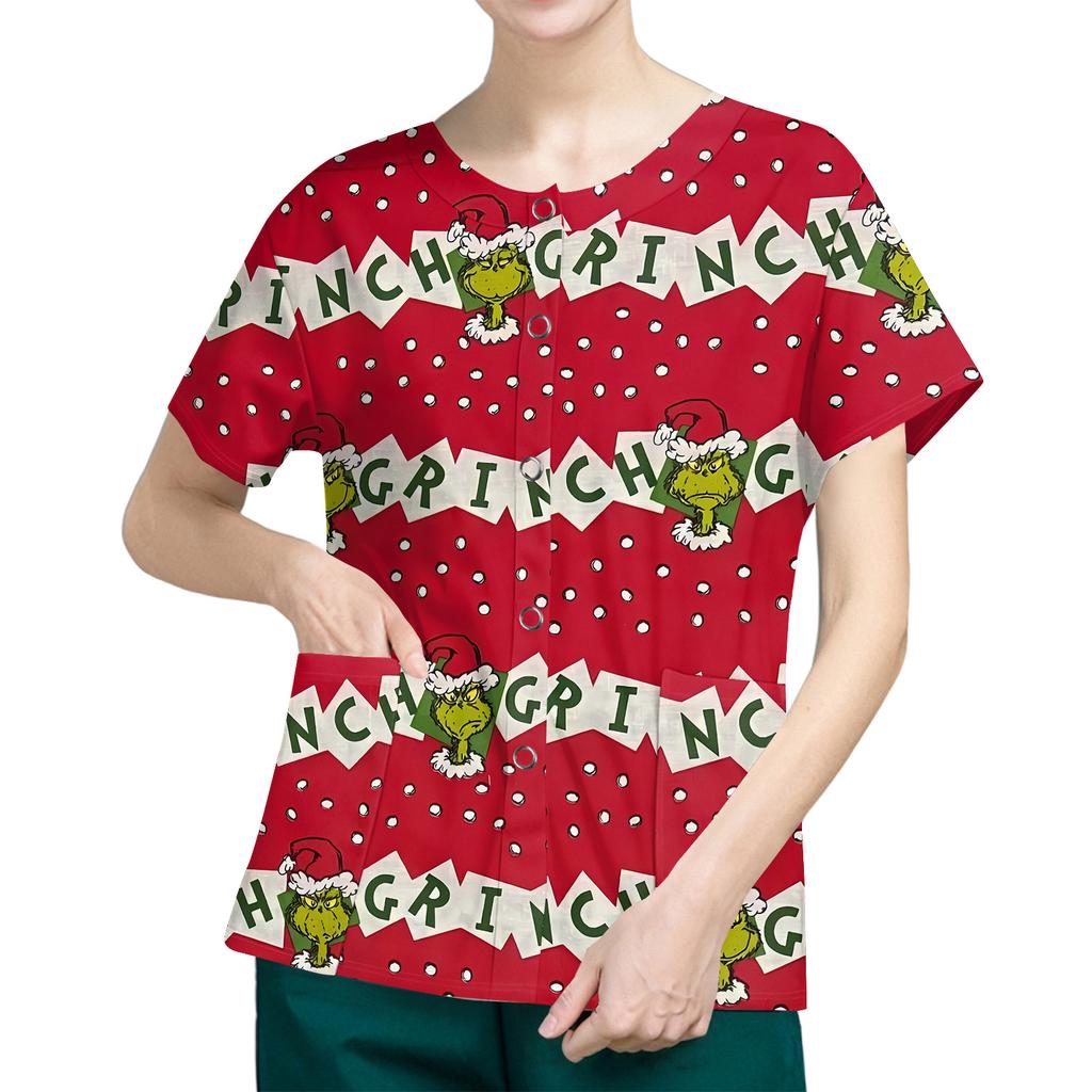 Women's Short Sleeved Patterned Pockets, Work Print Stand Up Collar, Single Breasted Protective Clothing, Cardigan Jacket, Top