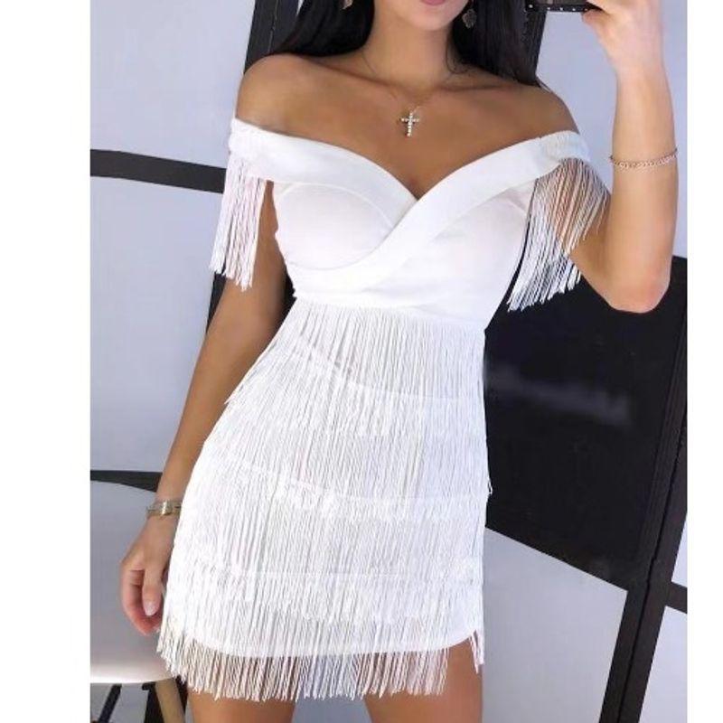 

off-Shoulder Fashion White Sexy Tassel Short Sleeve Dress White M